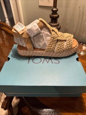 Toms Tan Crochet Espadrille Platform Sandals